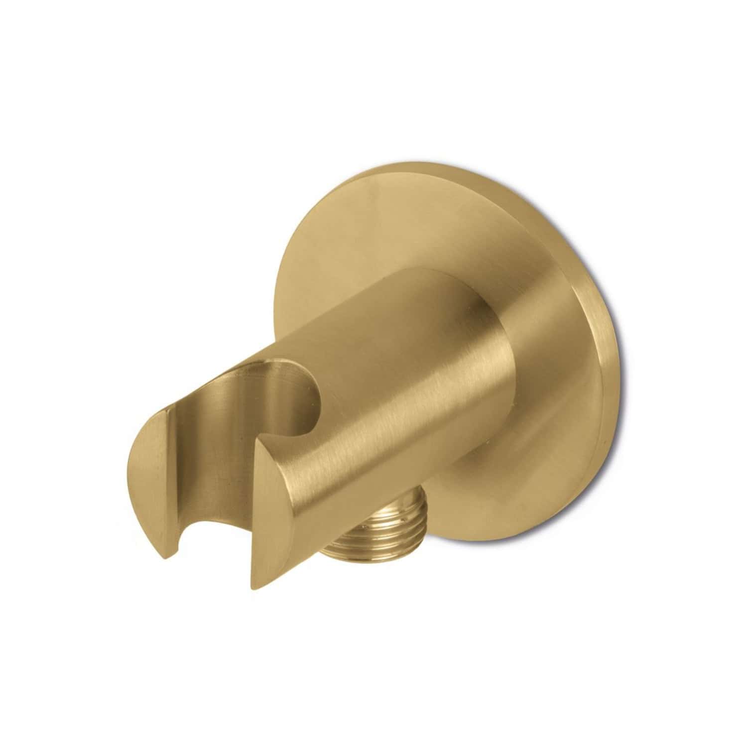 Brass shower arm mount with a polished finish, designed for secure and stylish bathroom plumbing fixtures. High-quality brass construction ensures durability and resistance to corrosion.
