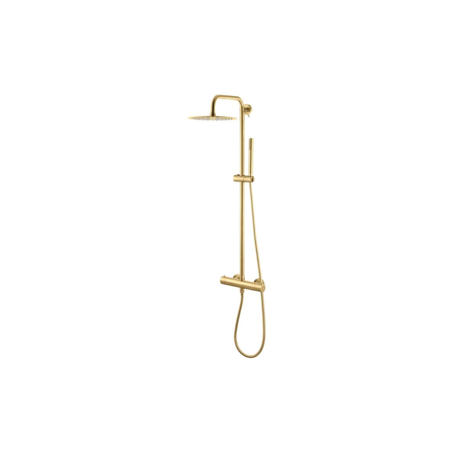 Shower panel with gold finish including overhead rain shower and handheld showerhead, modern bathroom fixture for luxurious shower experience.