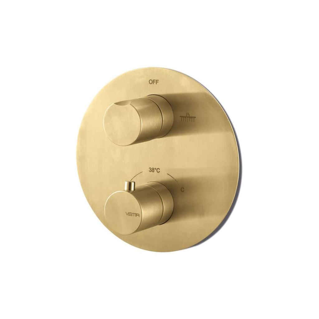 Polished brass shower control panel with temperature and flow controls, ideal for modern bathroom upgrades, featuring a sleek design for superior shower experience.