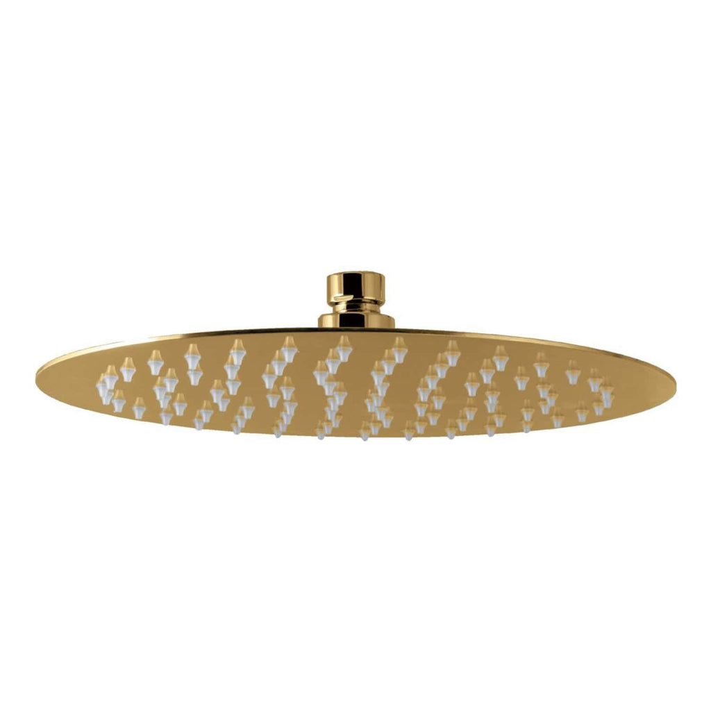 Shower head with a modern gold finish, featuring multiple water outlets for a luxurious bathroom experience, part of Bubly Bathrooms' premium bathroom fixtures collection.