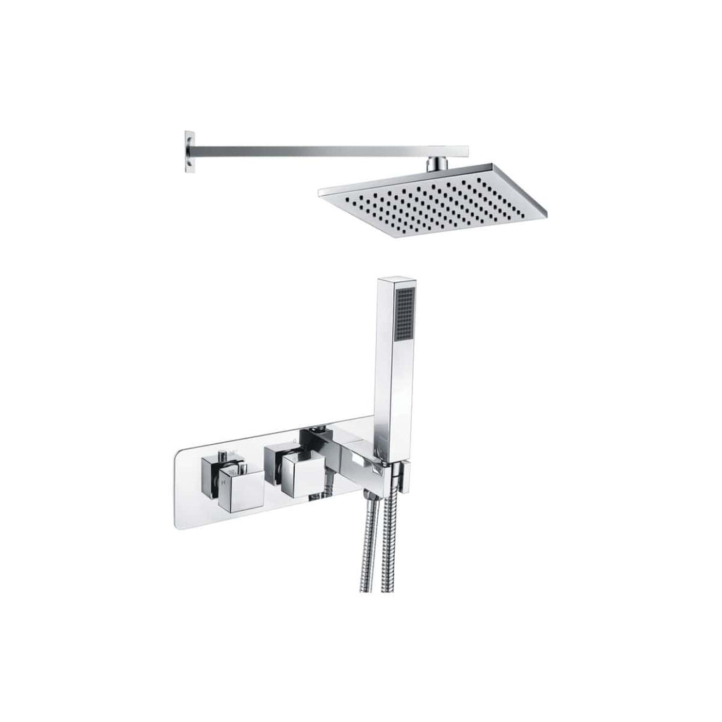 Sleek modern shower system with square rainfall showerhead and handheld shower, featuring chrome finish for a stylish bathroom upgrade.