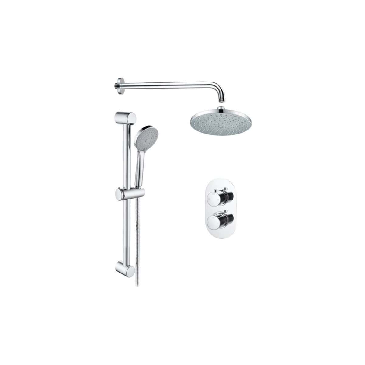 Chrome shower head and mixer set with adjustable hand shower, wall-mounted adjustable bar, and multi-function controls for modern bathroom thermostatic shower system.