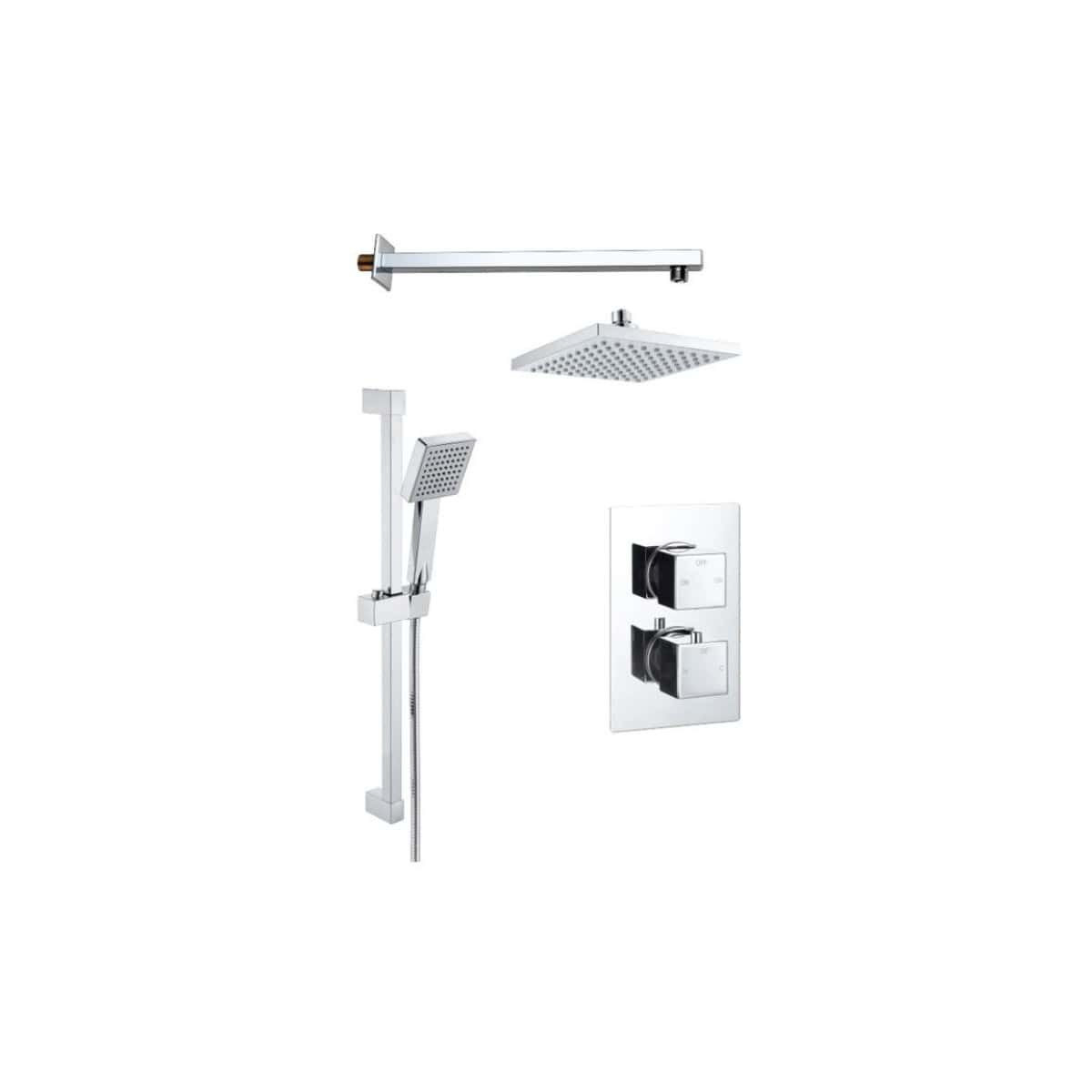 Modern chrome shower system with adjustable hand shower, rainfall shower head, and wall-mounted controls for a luxurious bathroom experience.