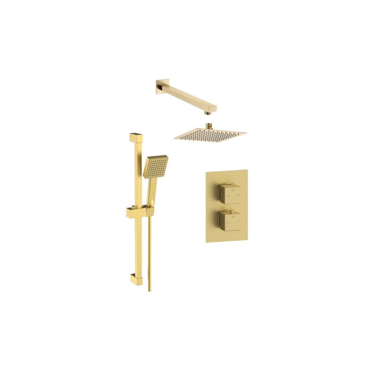 Elegant gold bathroom shower system with rain showerhead, handheld shower, wall controls, and modern design, perfect for luxury bathroom renovations and stylish shower installations.