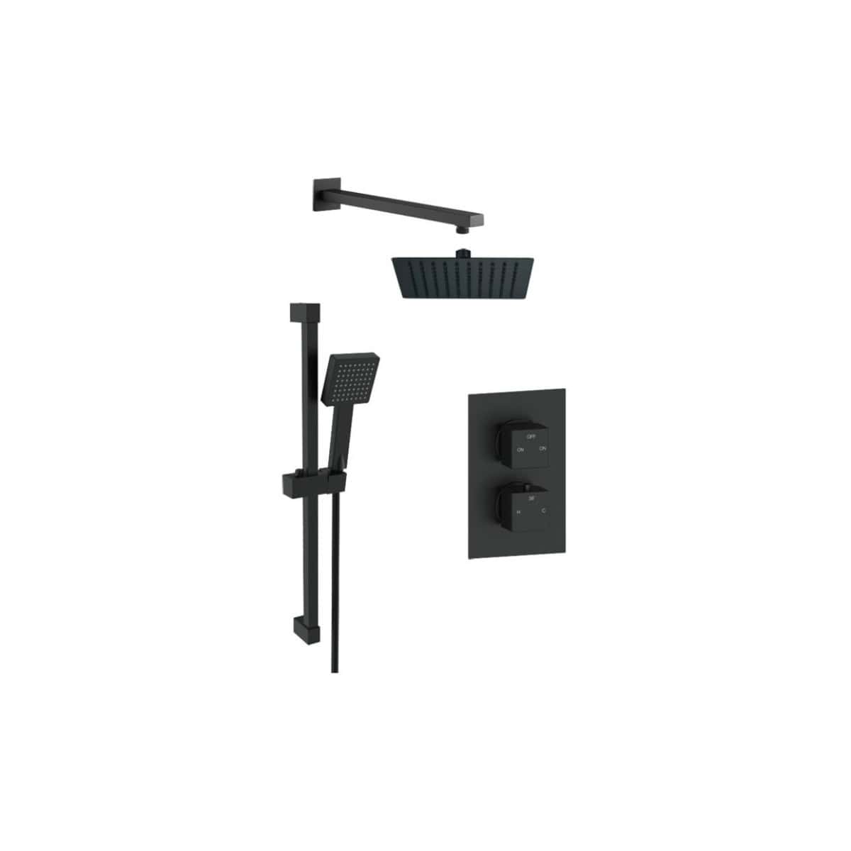 Sleek black modern shower panel with rain showerhead, handheld shower, and temperature controls, designed for stylish and functional bathrooms.