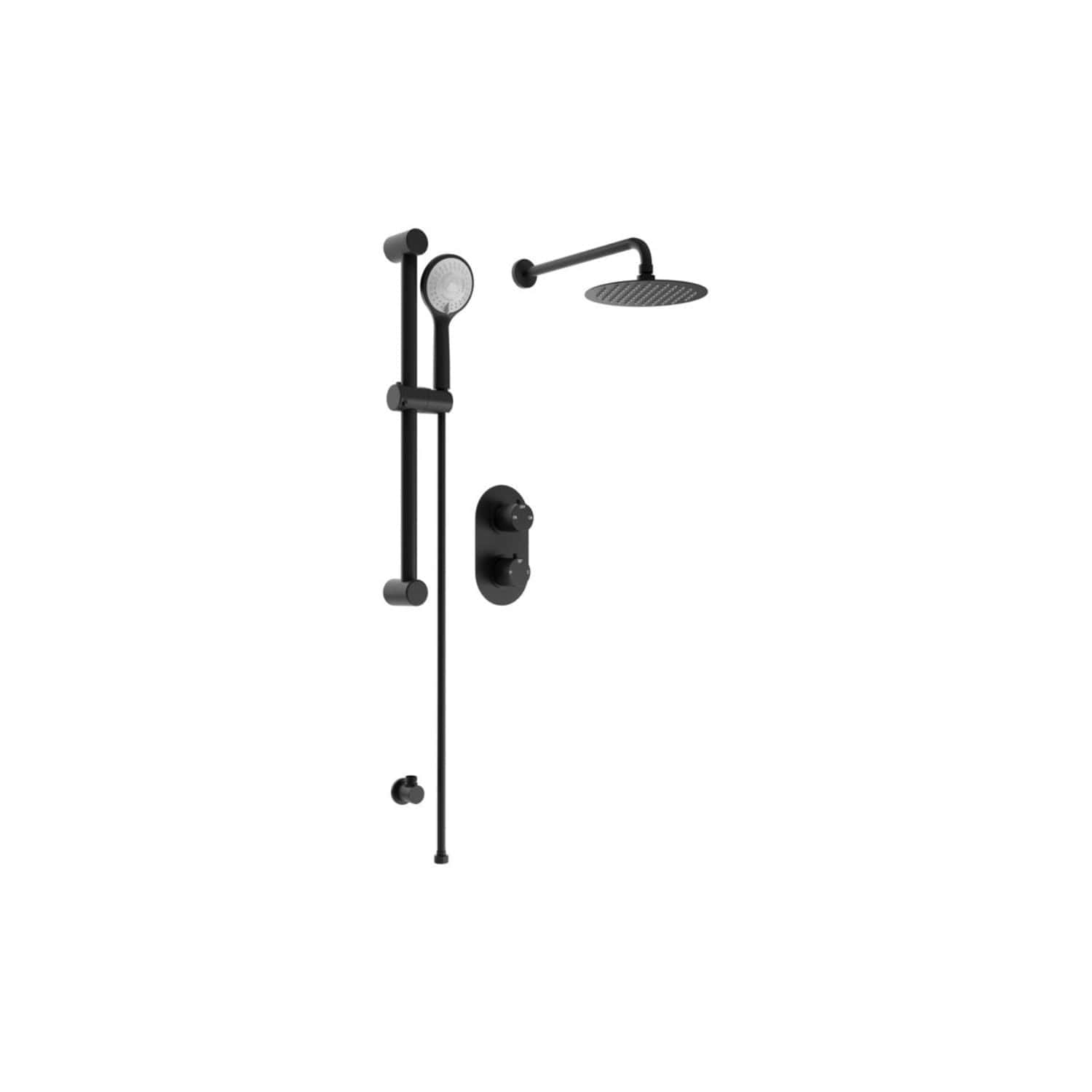 Sleek black rainfall shower head with adjustable handheld shower and thermostatic controls, modern bathroom shower system by Bubly Bathrooms.
