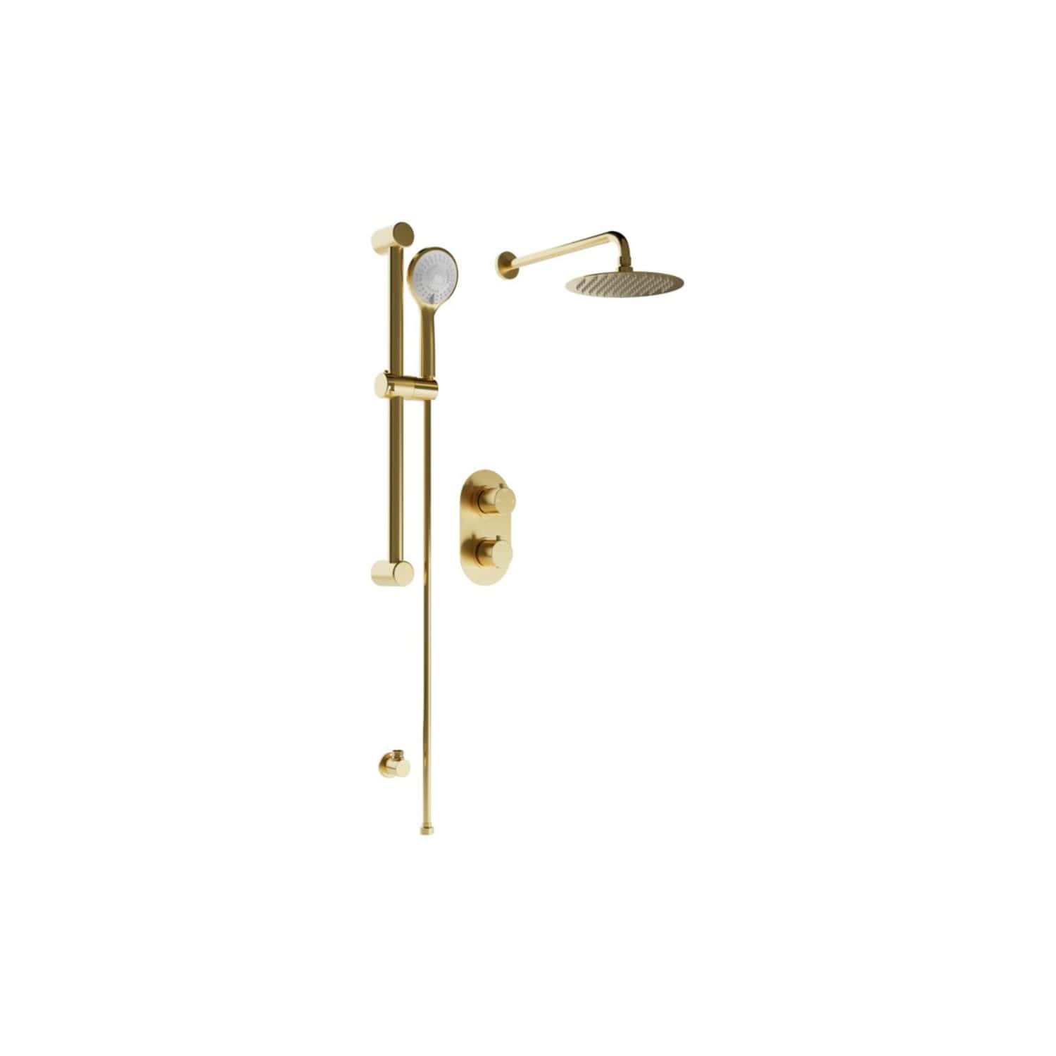 Luxurious gold bathroom shower system with overhead rain shower, handheld shower head, and adjustable body jets, perfect for modern and elegant bathing experiences.