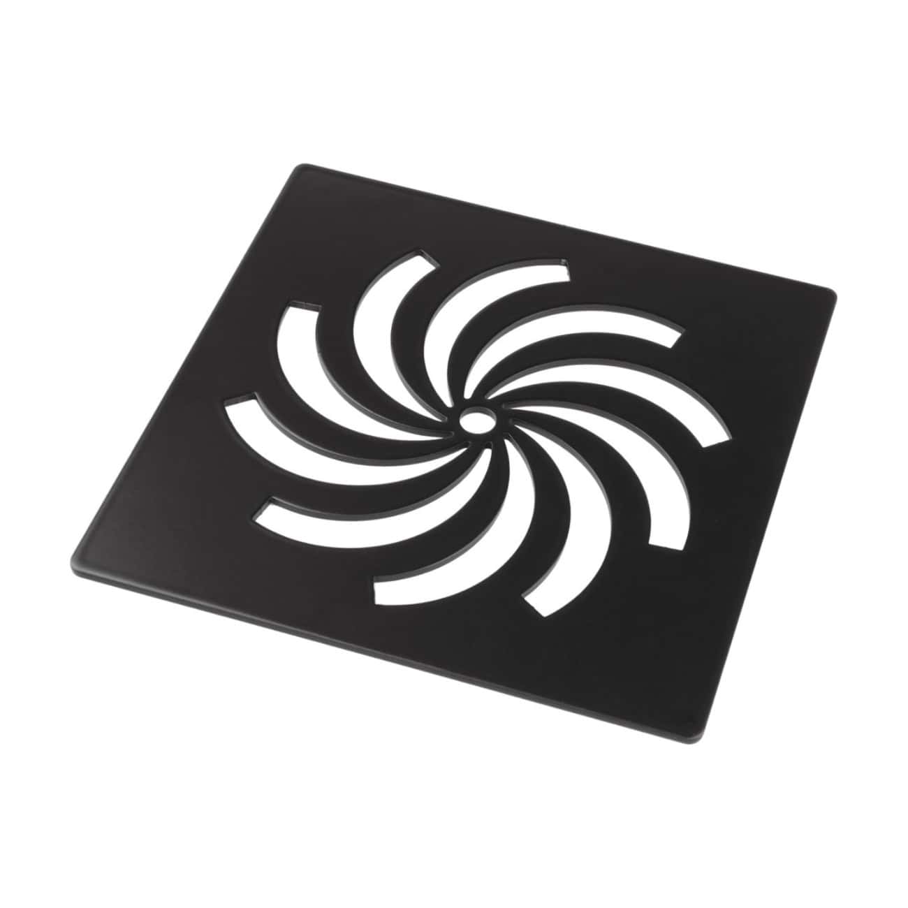 Black circular bathroom drain cover with geometric swirl design for modern bathroom aesthetics.