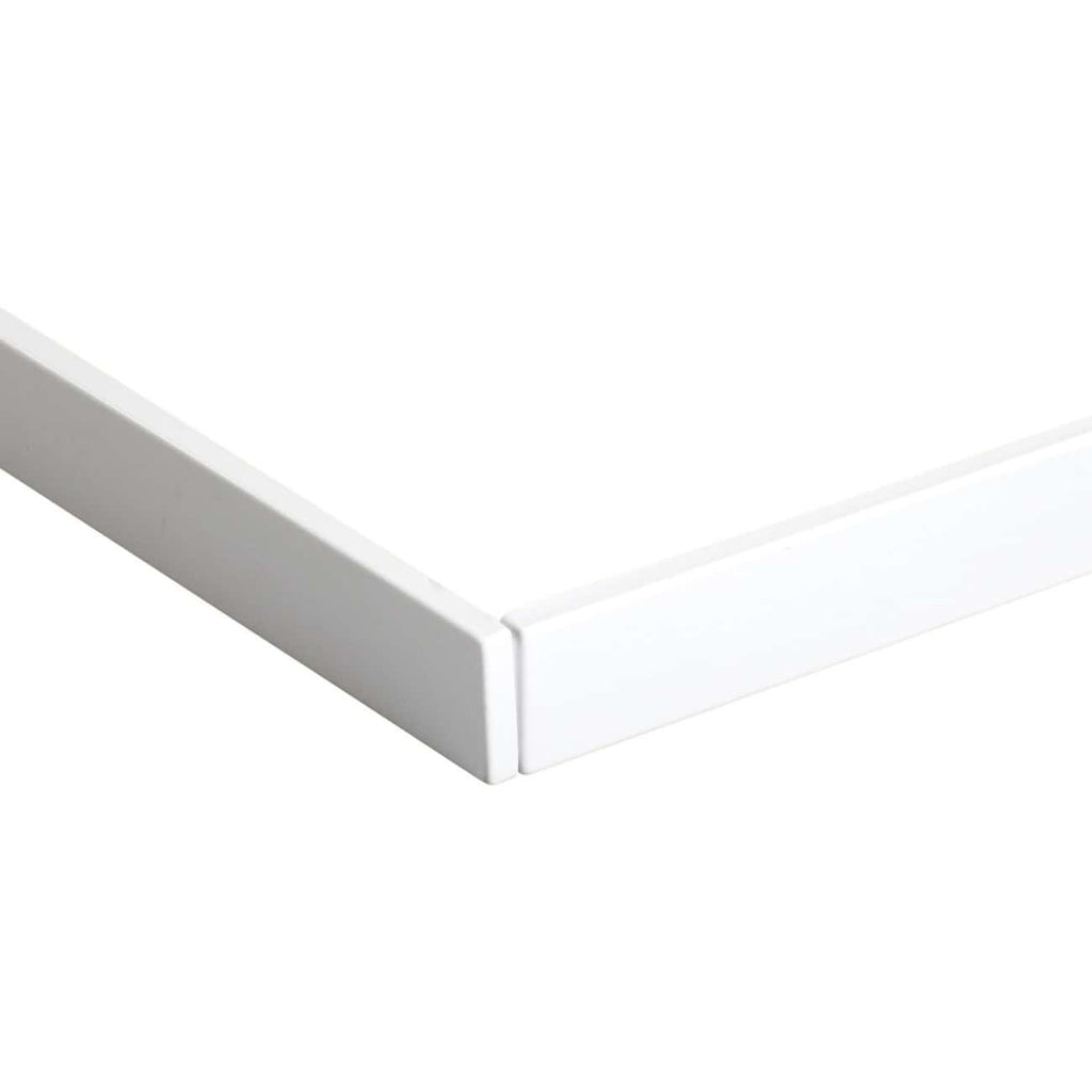 Modern white bathroom cabinetry corner detail for sleek bathroom storage solutions.