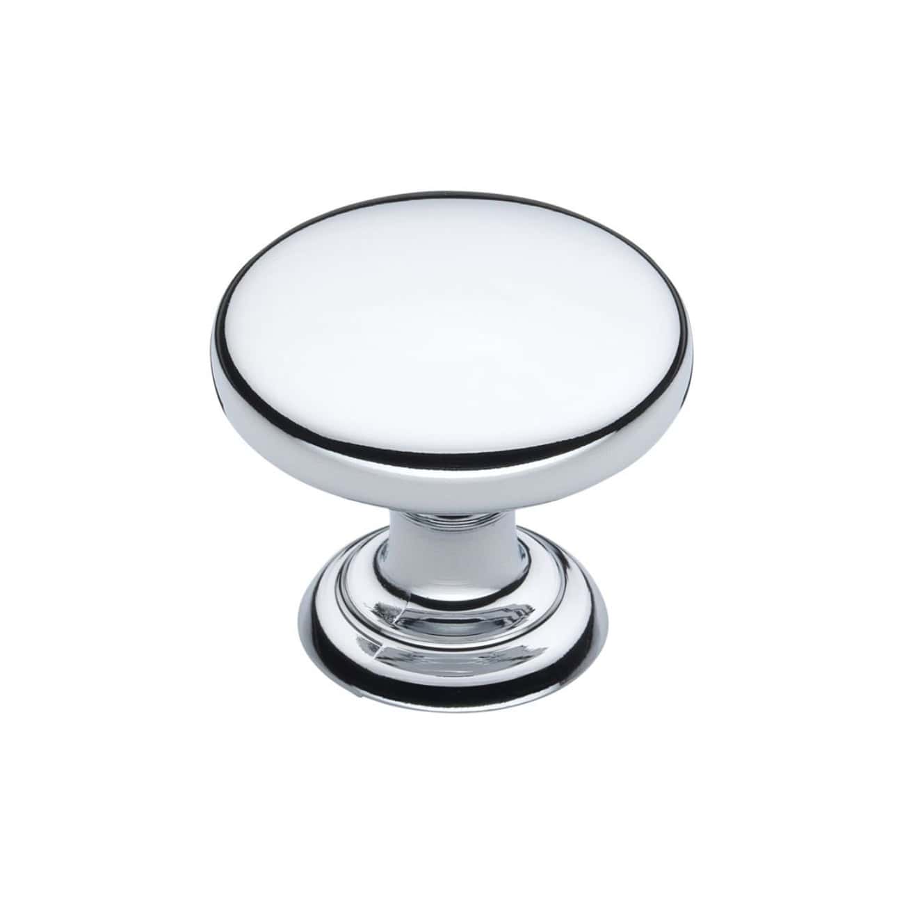 Polished chrome cabinet knob, modern bathroom hardware, elegant drawer pull, high-quality bathroom accessory, Bubly Bathrooms.