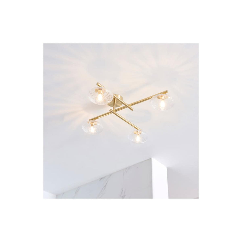 Contemporary gold finish ceiling light fixture with four glass shades, ideal for modern bathroom lighting and decor.