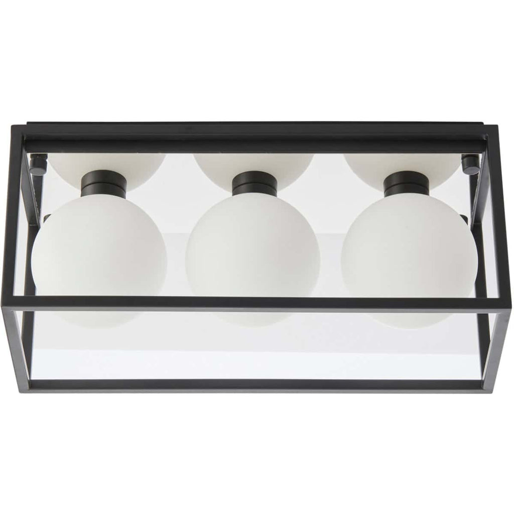Modern black and white bathroom ceiling light fixture with 3 frosted glass globes, perfect for stylish bathroom lighting, energy-efficient LED bulbs, and contemporary design.