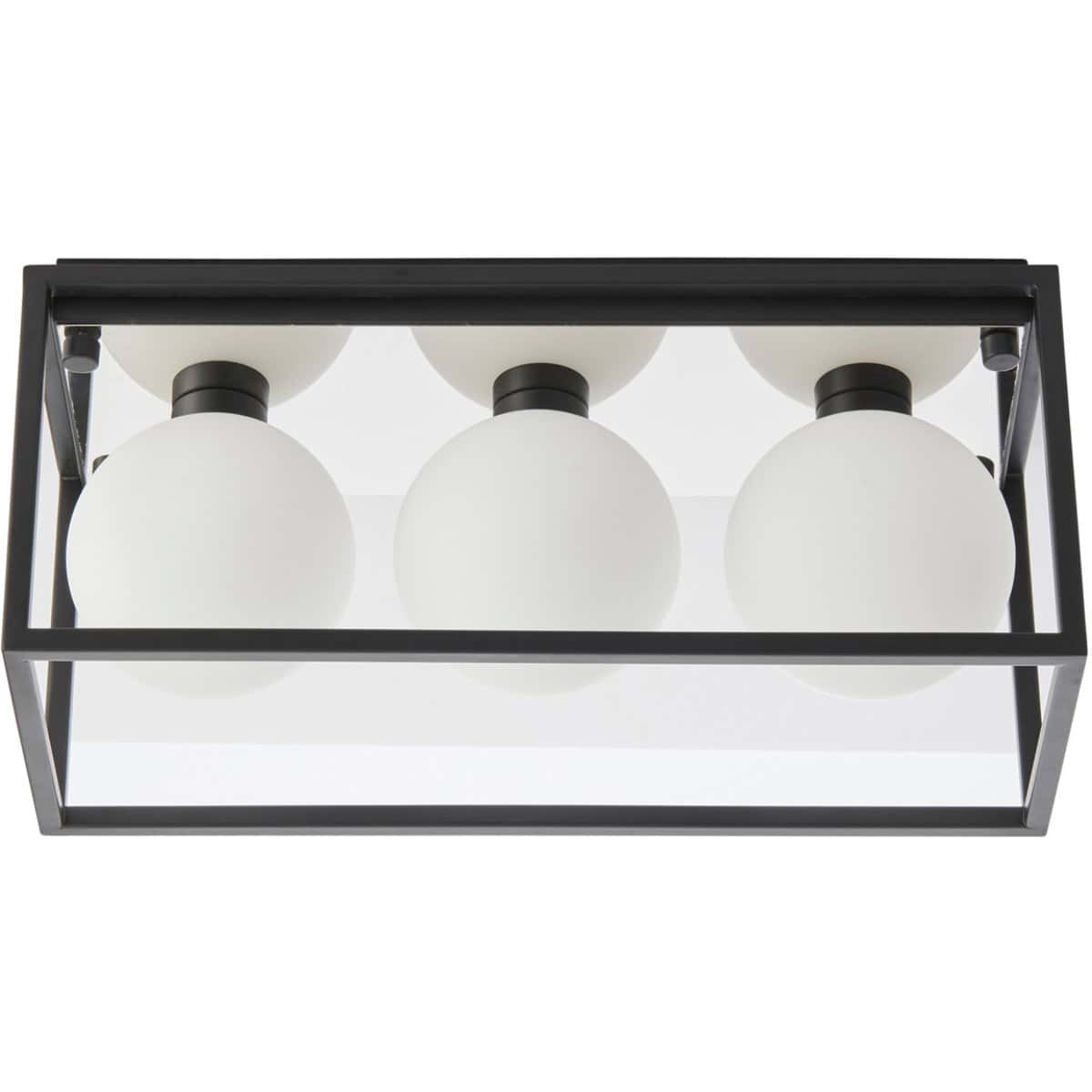Modern black and white bathroom ceiling light fixture with 3 frosted glass globes, perfect for stylish bathroom lighting, energy-efficient LED bulbs, and contemporary design.