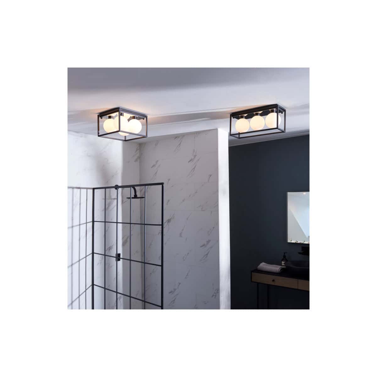 Contemporary black metal bathroom ceiling lights with spherical white glass shades, ideal for modern bathroom lighting and creating a sleek ambiance. Perfect for enhancing bathroom decor.