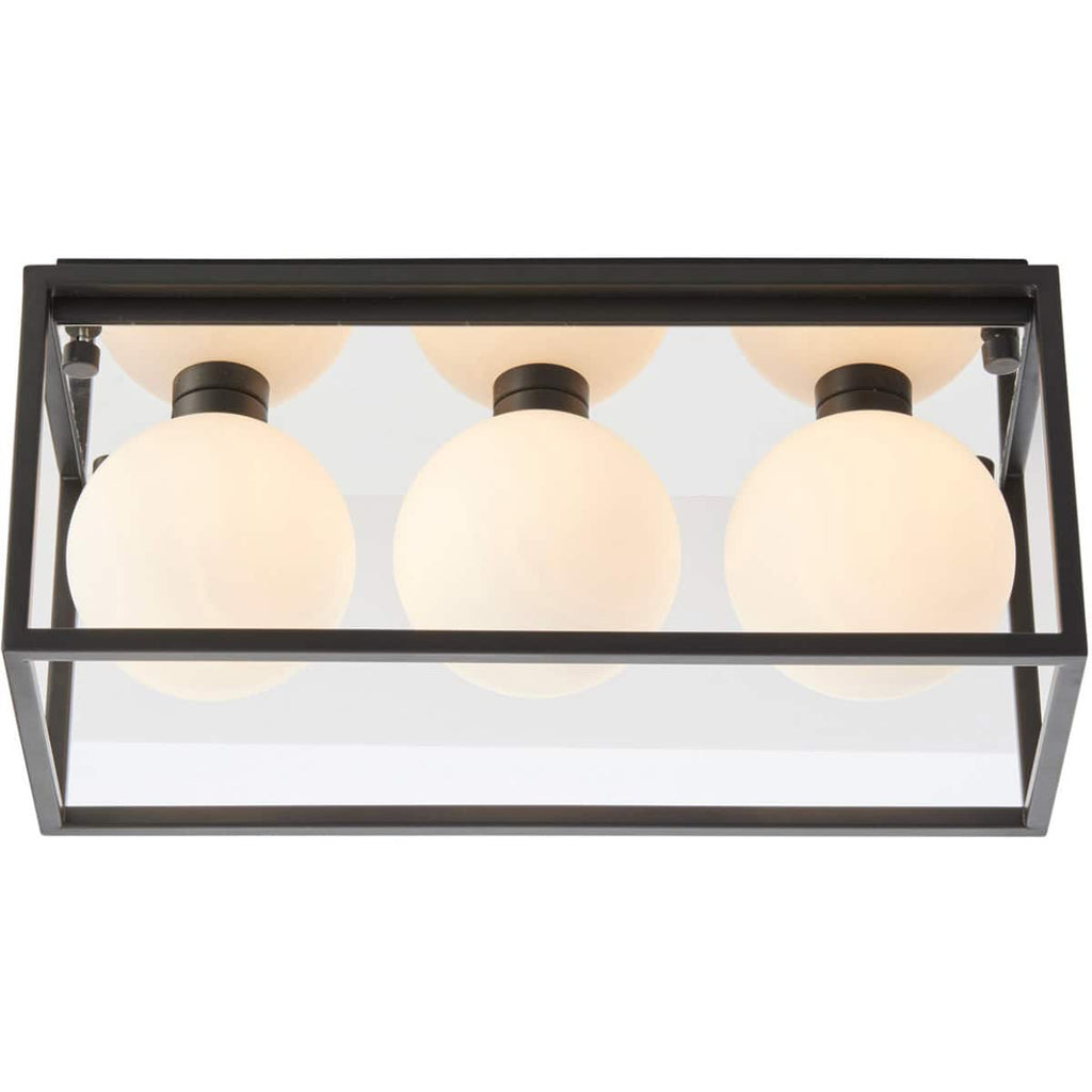 Contemporary black bathroom ceiling light fixture with four frosted glass globes, ideal for modern bathroom illumination and style.