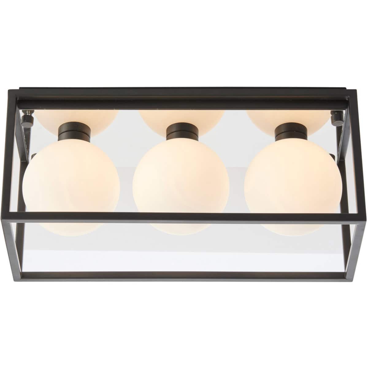 Contemporary black bathroom ceiling light fixture with four frosted glass globes, ideal for modern bathroom illumination and style.