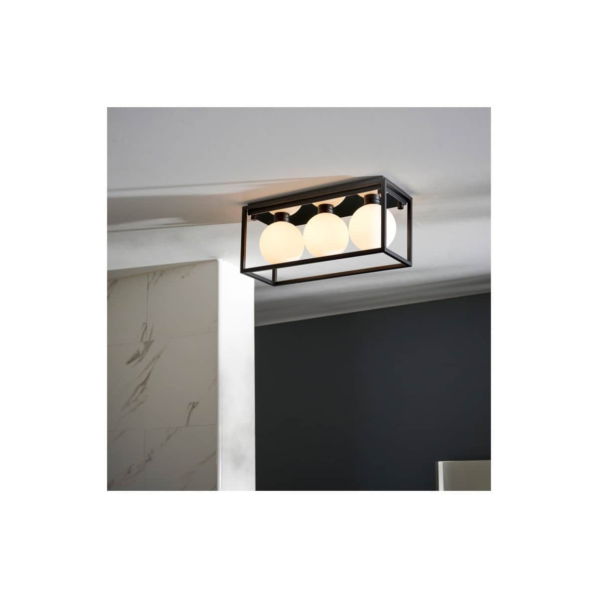 Contemporary black-framed bathroom ceiling light fixture with four frosted glass globes, ideal for modern bathroom lighting and ceiling illumination.
