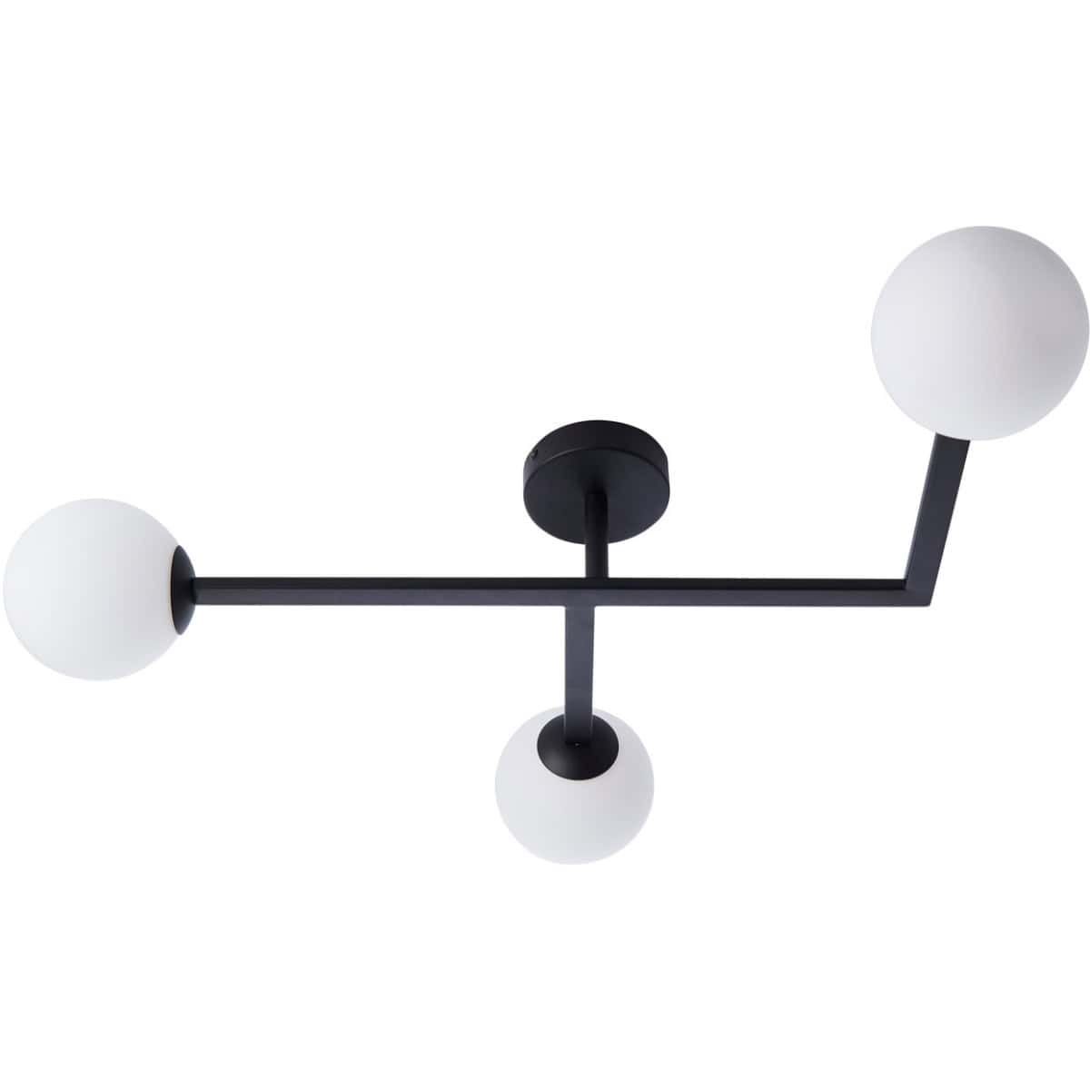 Sleek modern black and white ceiling light fixture with three globe-shaped LED lamps for contemporary bathroom lighting or decor.