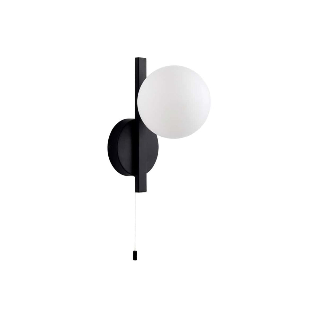 Minimalist black and white wall-mounted bathroom light with adjustable pull chain, perfect for modern bathrooms and creating ambient lighting. Designed for contemporary bathroom decor.