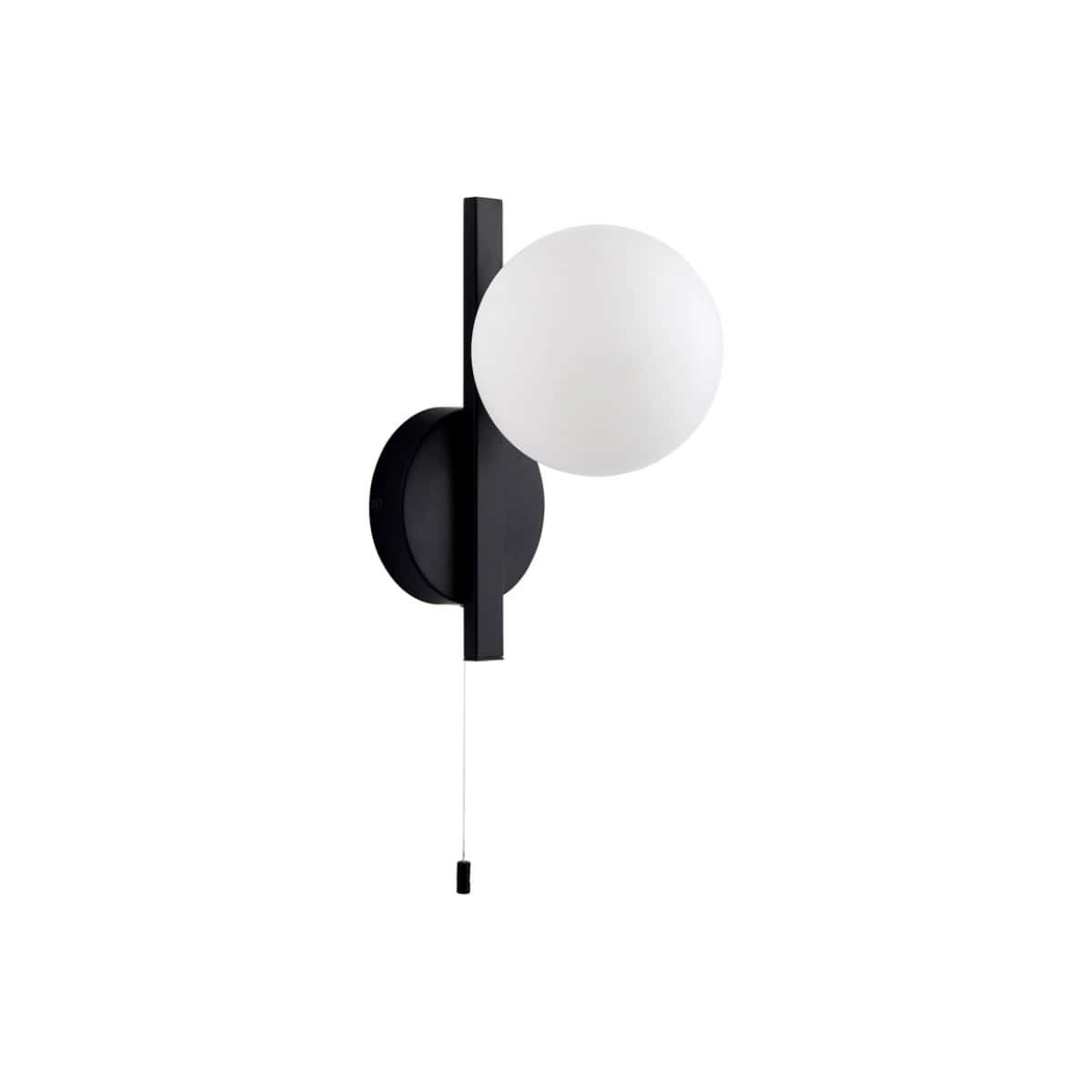 Minimalist black and white wall-mounted bathroom light with adjustable pull chain, perfect for modern bathrooms and creating ambient lighting. Designed for contemporary bathroom decor.