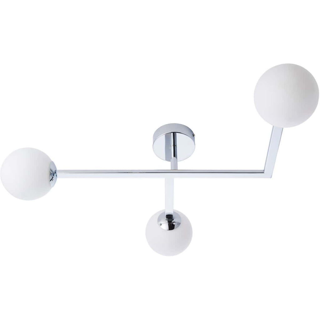 Modern chrome ceiling light fixture with spherical white glass bulbs for contemporary bathroom or home lighting.