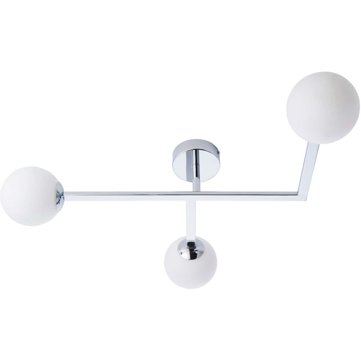 Modern chrome ceiling light fixture with spherical white glass bulbs for contemporary bathroom or home lighting.