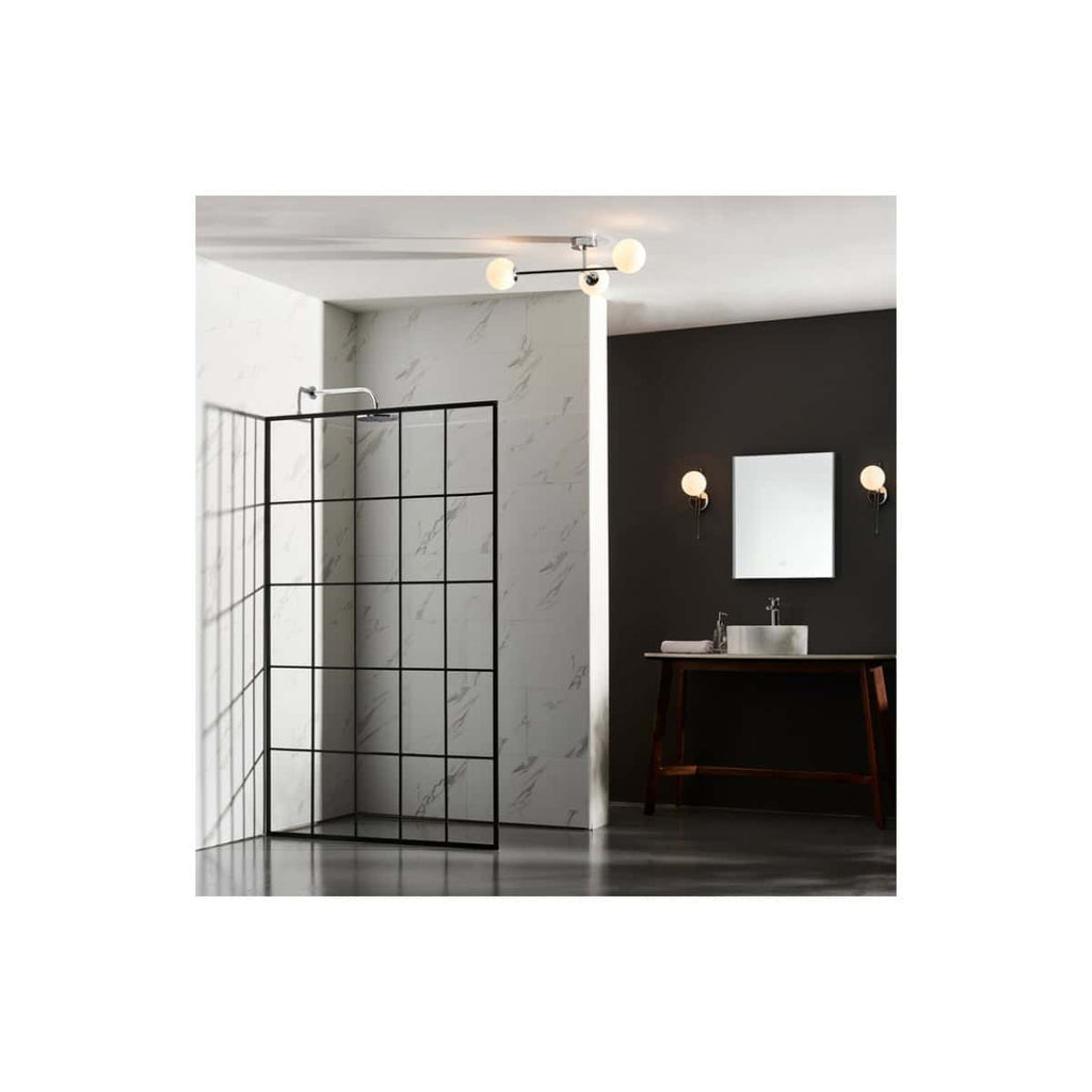 Contemporary bathroom with sleek black shower screen, white marble wall tiles, minimalist vanity unit, and modern lighting fixtures; designed for stylish and functional bathroom spaces.