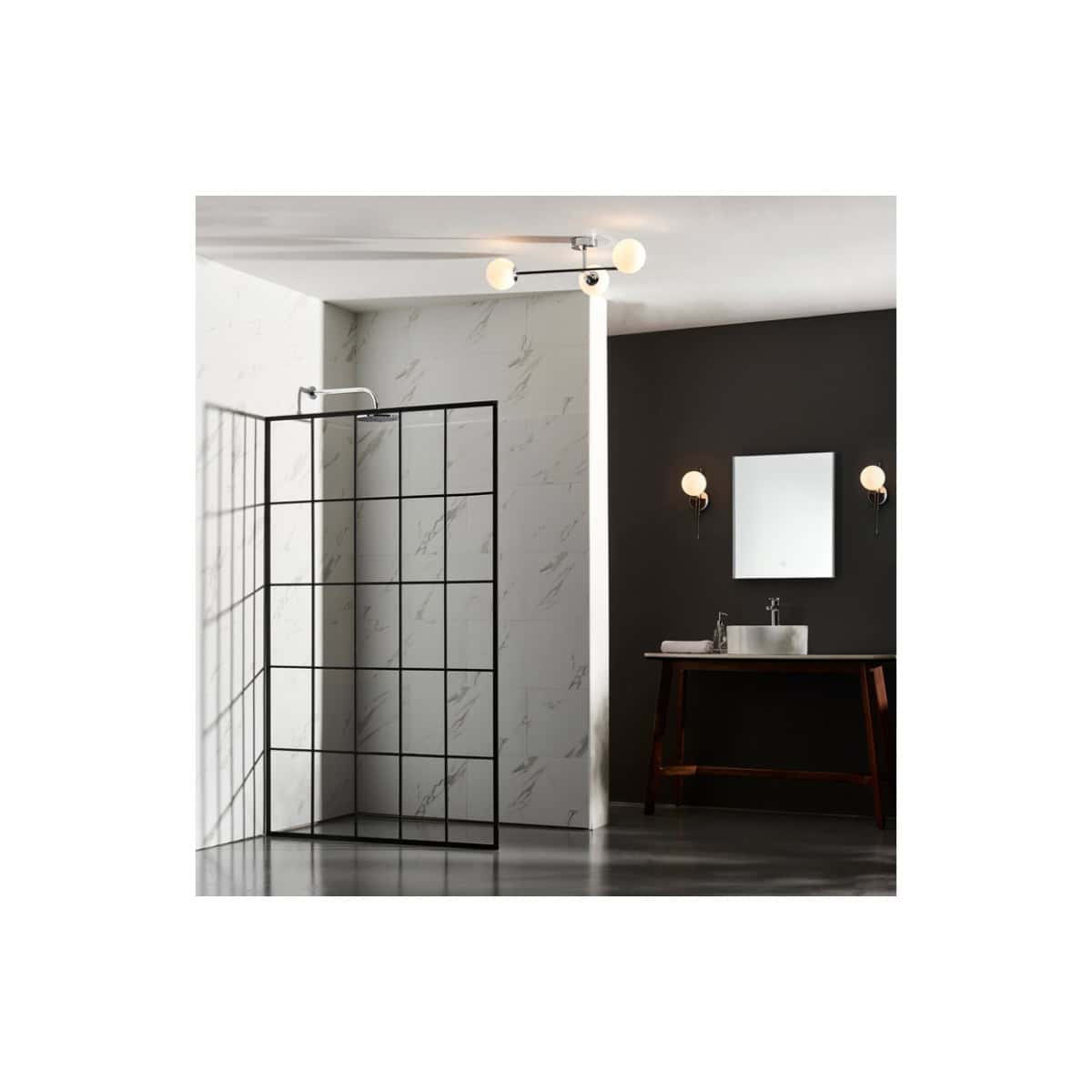 Contemporary bathroom with sleek black shower screen, white marble wall tiles, minimalist vanity unit, and modern lighting fixtures; designed for stylish and functional bathroom spaces.