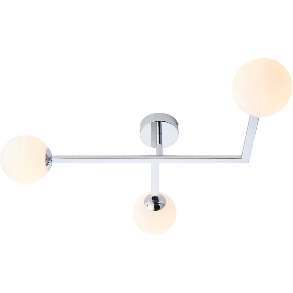 Sleek modern bathroom ceiling light fixture with three frosted glass globes and chrome finish, ideal for contemporary bathroom lighting and decor.