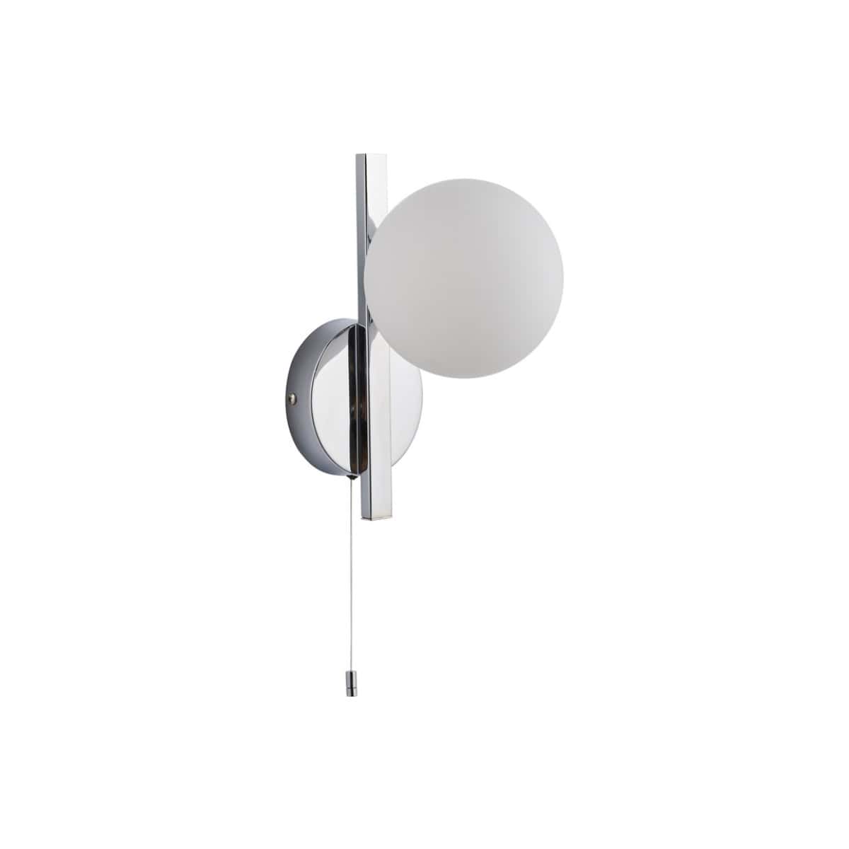 Modern wall-mounted bathroom light with chrome finish and frosted glass globe, perfect for contemporary bathrooms and enhancing ambient lighting.