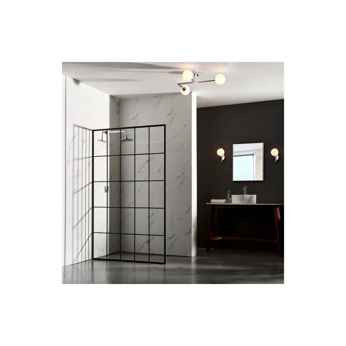 Contemporary modern bathroom with walk-in shower featuring black metal grid screen, marble walls, sleek vanity with sink, and minimalist lighting creating a stylish, functional space.