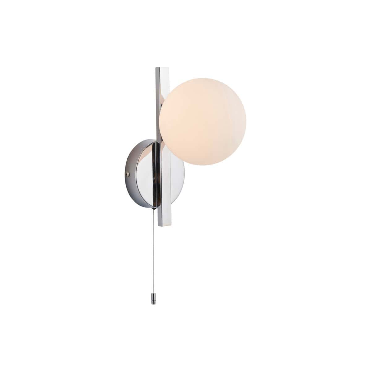 Sleek modern wall sconce with frosted glass globe and chrome finish, ideal for contemporary bathroom lighting, enhances elegance and ambiance in bathroom designs.