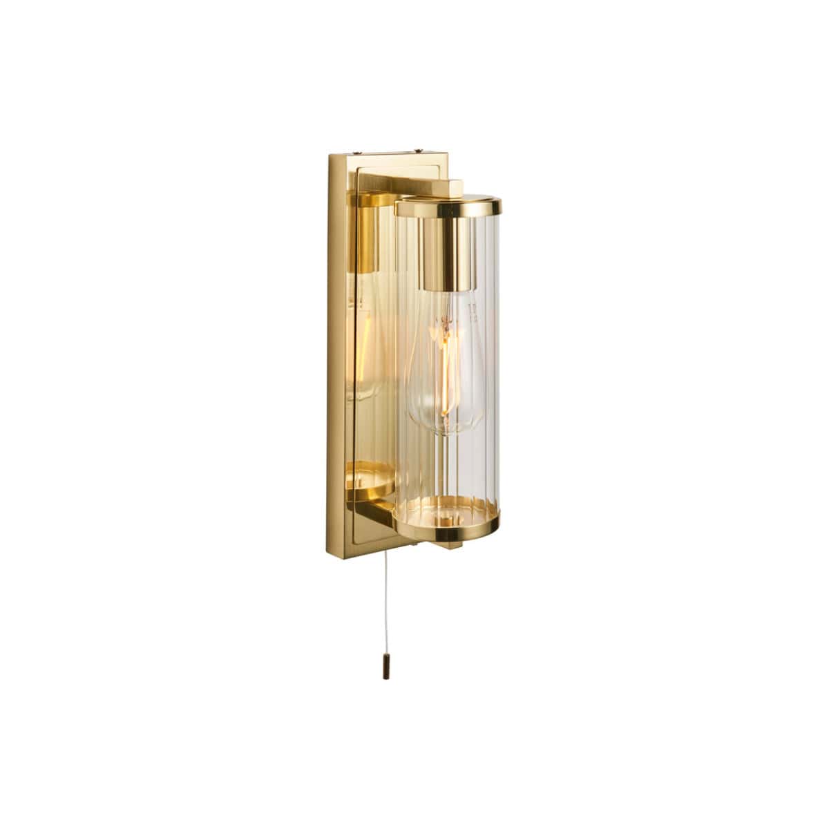 Elegant gold wall lamp with clear glass shade, perfect for contemporary bathroom or living room decor. Features a vintage-inspired Edison bulb and pull cord for decorative lighting accents.