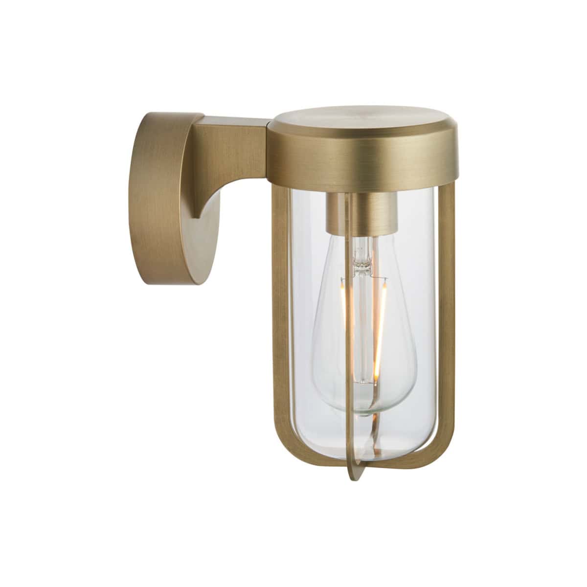 Sleek modern wall-mounted bathroom light with gold finish and clear glass shade, ideal for stylish bathroom lighting and vanity illumination.