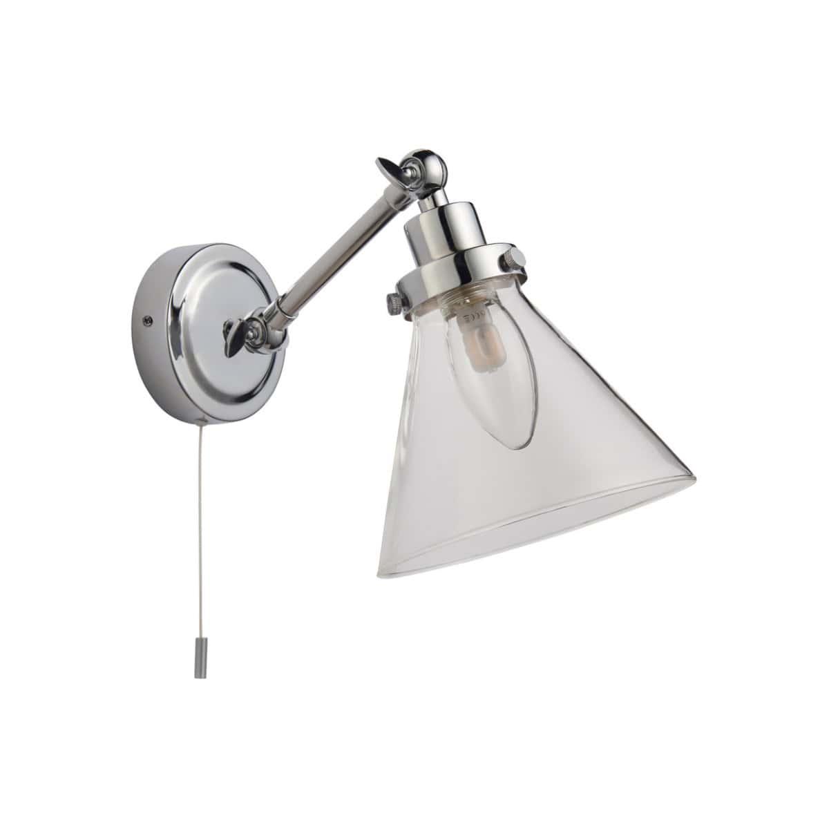 Sleek chrome wall-mounted bathroom light with adjustable glass shade, ideal for modern bathroom decor and task lighting. Durable, stylish fixture enhances bathroom functionality and aesthetics.