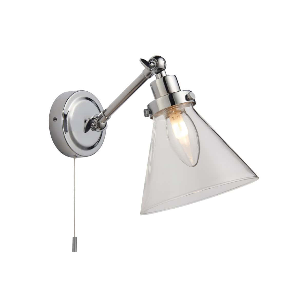 Elegant chrome wall-mounted bathroom light with adjustable arm and clear glass shade, ideal for modern bathroom lighting and creating a stylish ambiance.