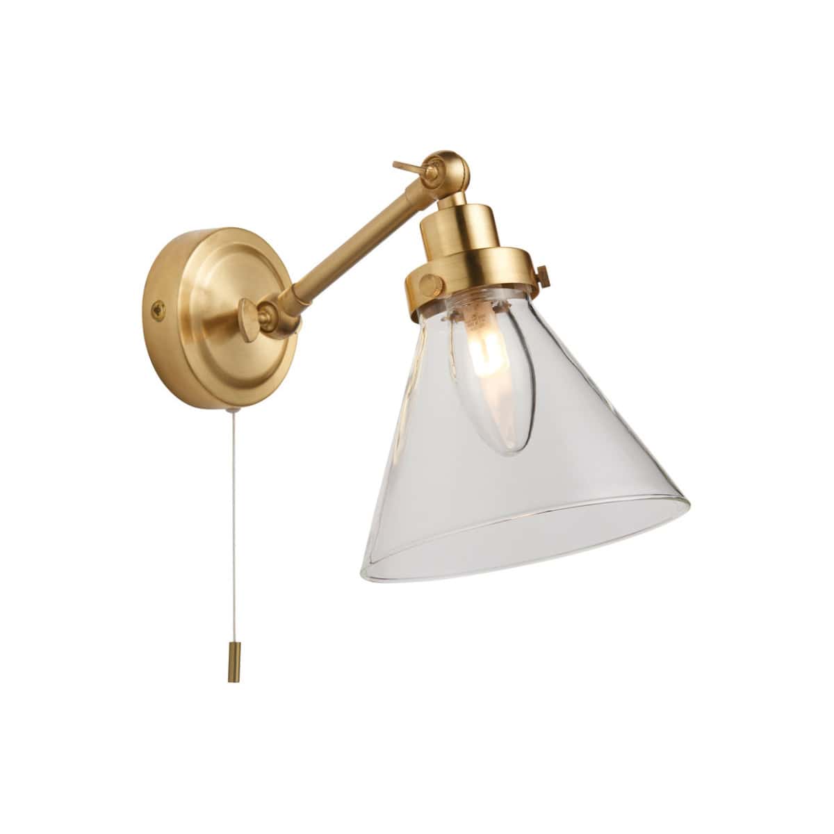 Sleek gold wall-mounted bathroom light fixture with glass shade, ideal for modern bathroom decor and illumination enhancement. Perfect for vanity lighting and stylish bathroom upgrades.