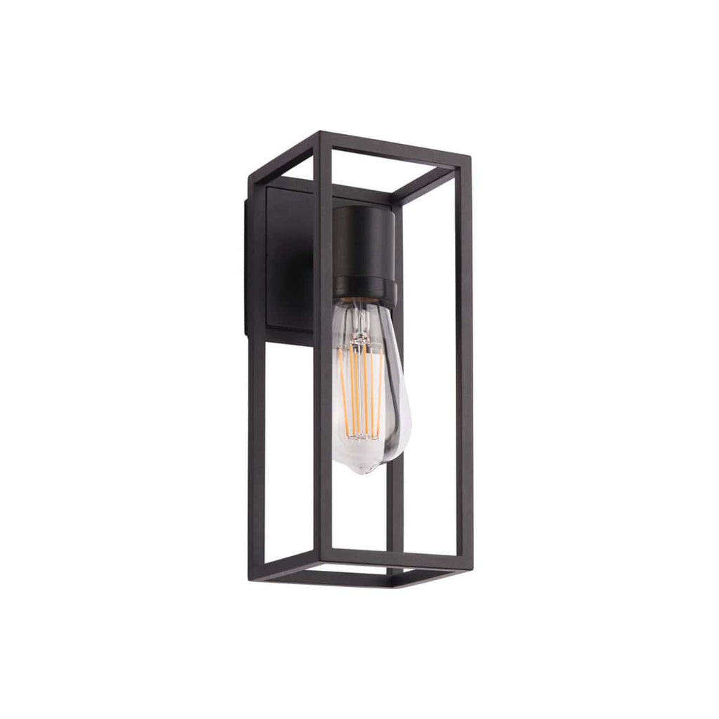 Sleek black industrial-style wall light with exposed filament bulb, perfect for modern bathrooms and interior lighting. Durable metal frame enhances bathroom décor with contemporary elegance.