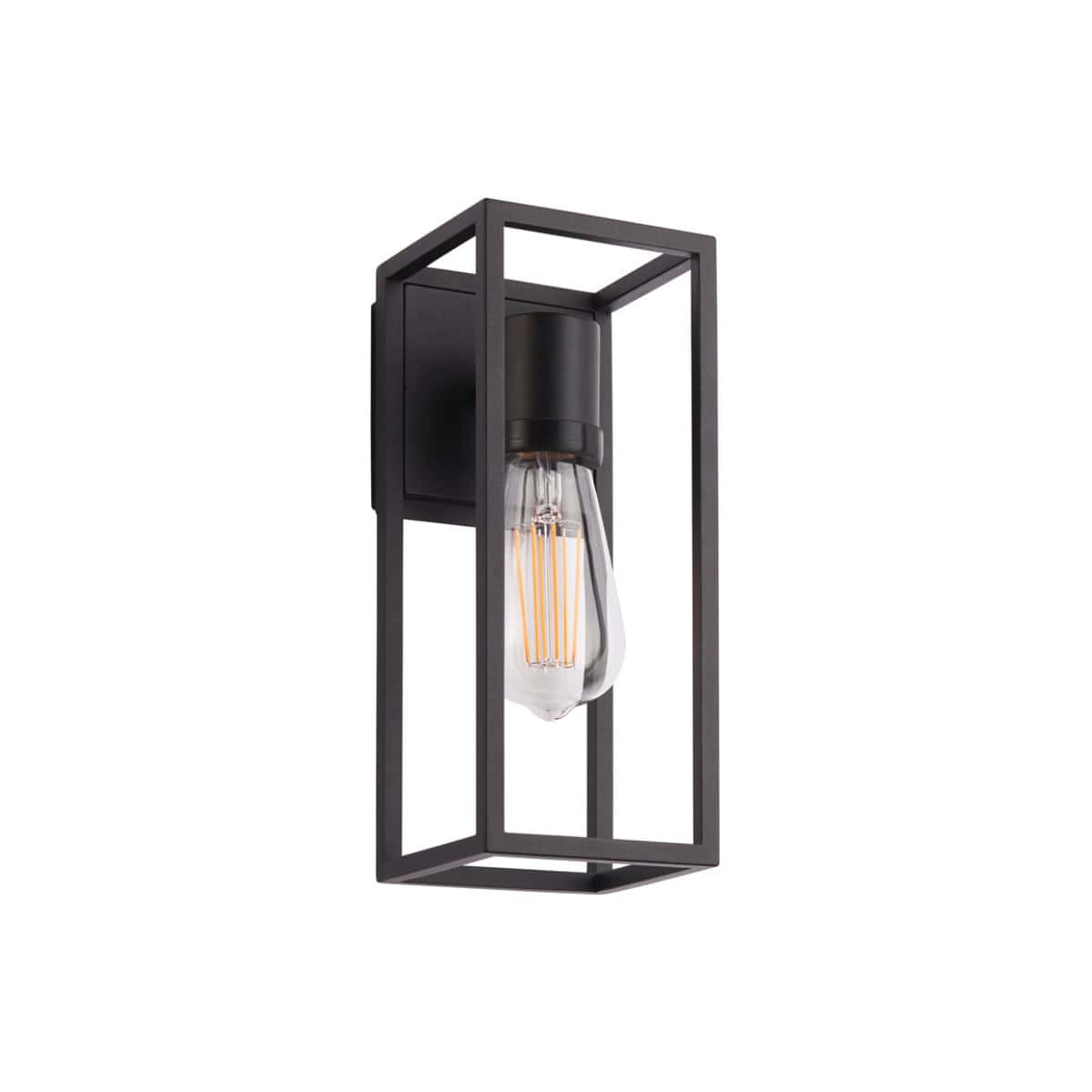 Sleek black industrial-style wall light with exposed filament bulb, perfect for modern bathrooms and interior lighting. Durable metal frame enhances bathroom décor with contemporary elegance.