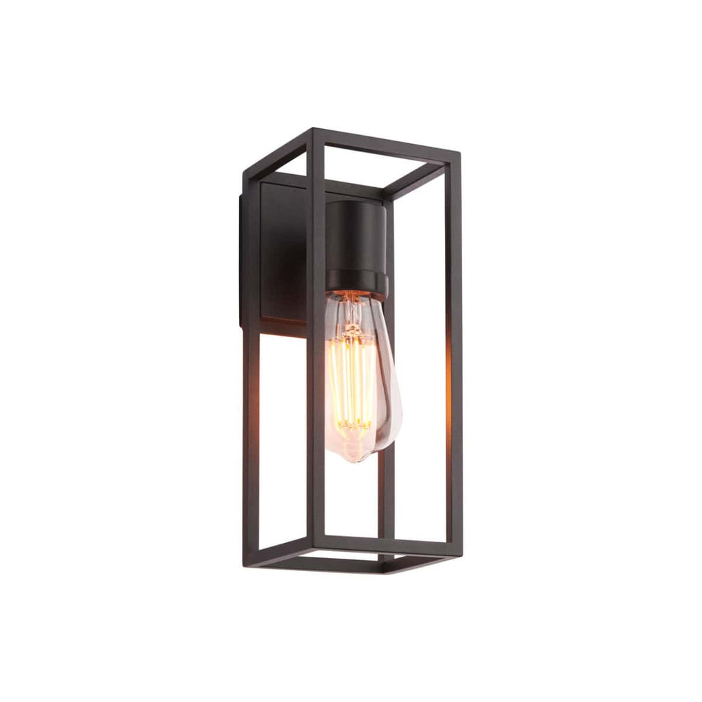 Warm black metal bathroom wall light fixture with exposed filament Edison bulb, modern industrial style, perfect for contemporary bathroom decor.