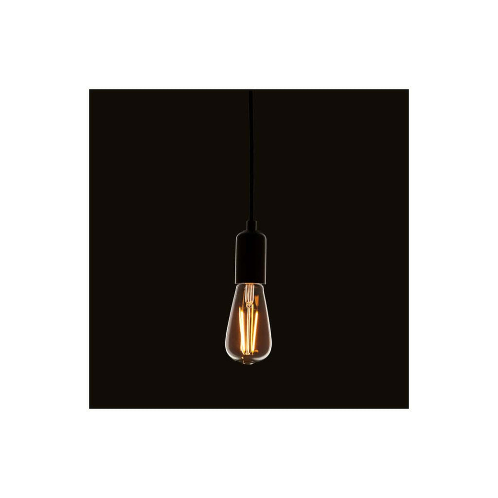 Vintage Edison-style hanging bathroom pendant light, modern black bathroom decor, stylish lighting fixture for showers or vanity areas, sleek minimalist design.