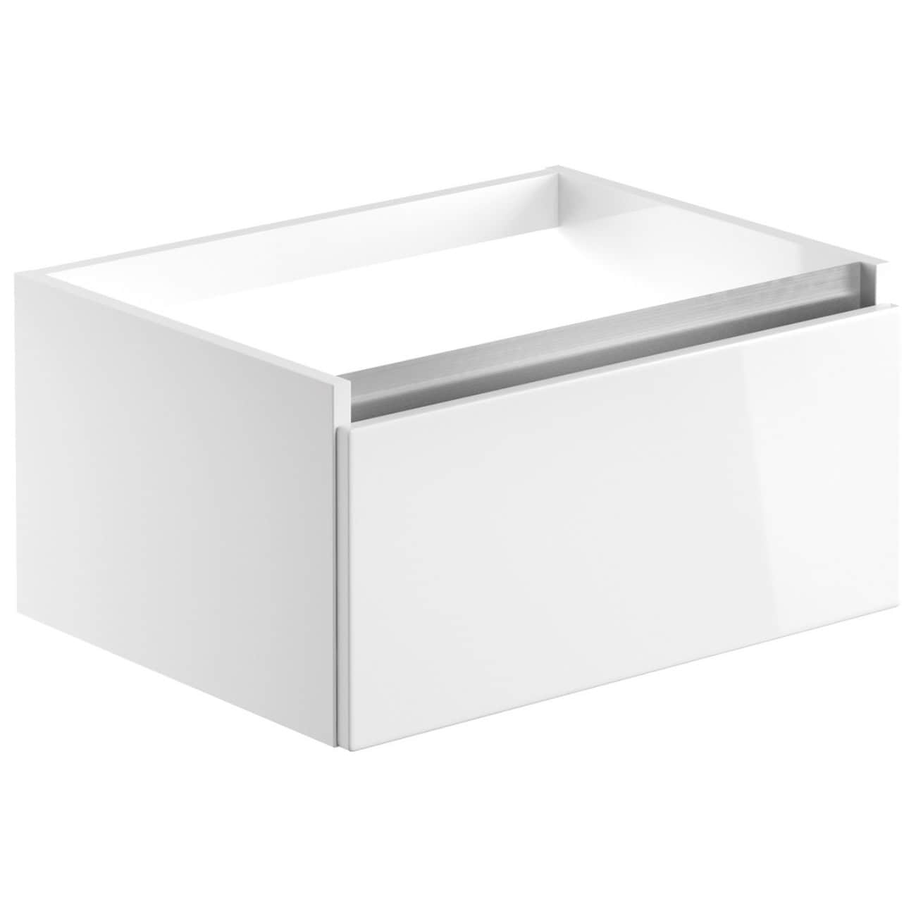 Sleek white bathroom drawer unit with modern minimalist design, ideal for bathroom storage and organisation, featuring a soft-close drawer with a metallic handle for easy access.
