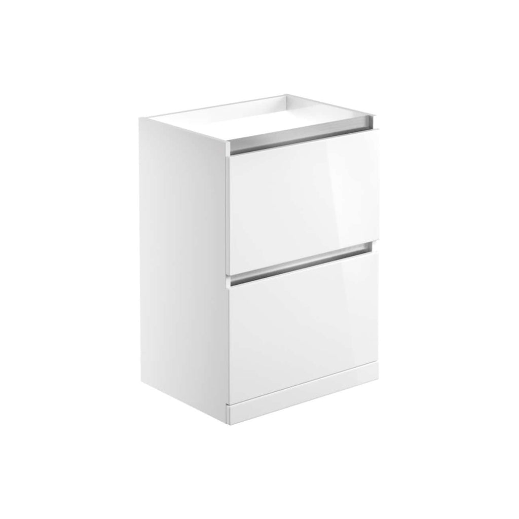 White modern bathroom vanity cabinet with two drawers, sleek minimalist design, ideal for contemporary bathrooms, high-quality storage solution from Bubly Bathrooms.