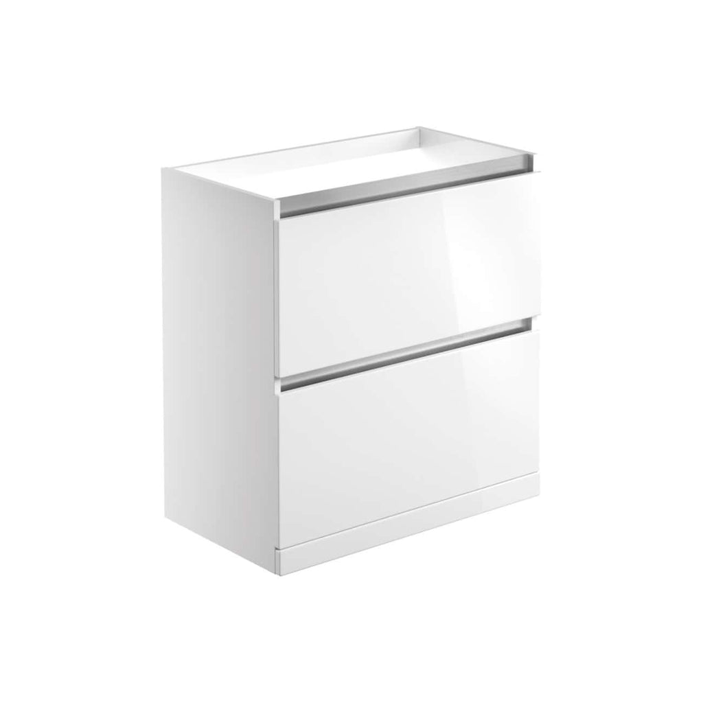 Contemporary white bathroom vanity with two drawers, sleek design, and modern handles, perfect for minimalist bathroom decor.