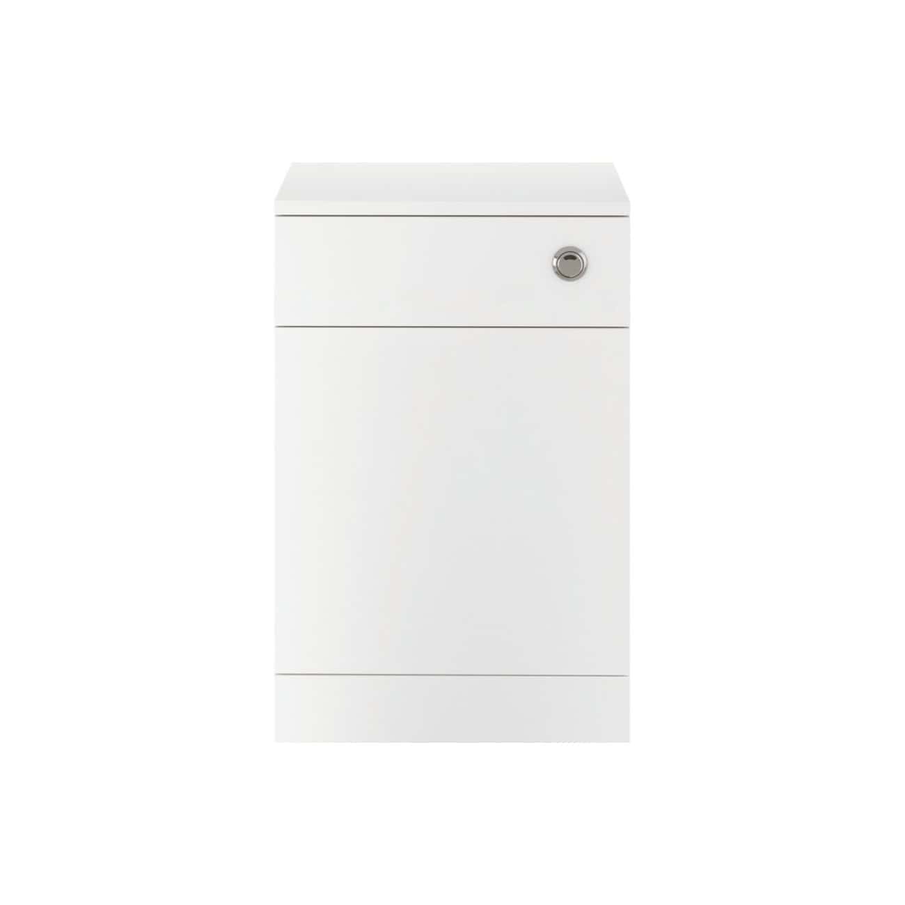 White modern bathroom storage cabinet with lock, sleek design, perfect for organising bathroom essentials.