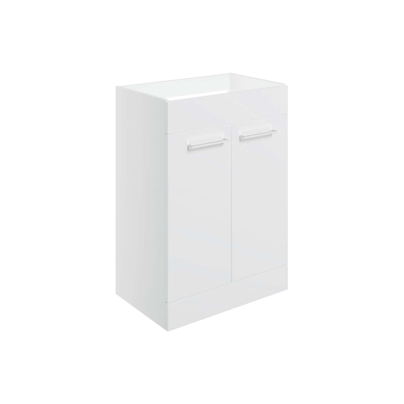Sleek white bathroom vanity unit with storage cabinet and modern handles, ideal for enhancing organisation and style in contemporary bathrooms.