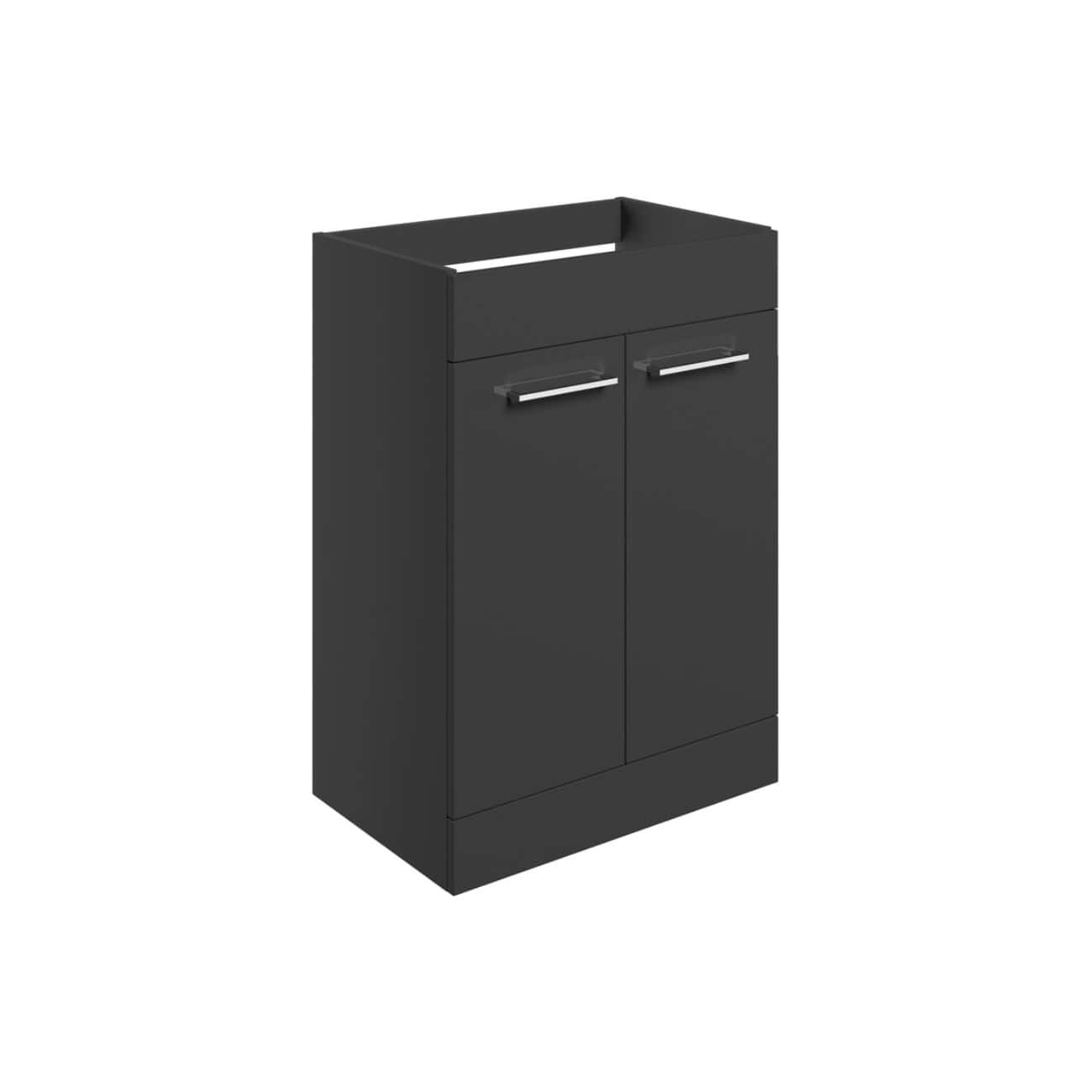 Modern black bathroom cabinet with double doors and metal handles, ideal for contemporary bathroom storage solutions. Perfect for organising toiletries and bathroom essentials.