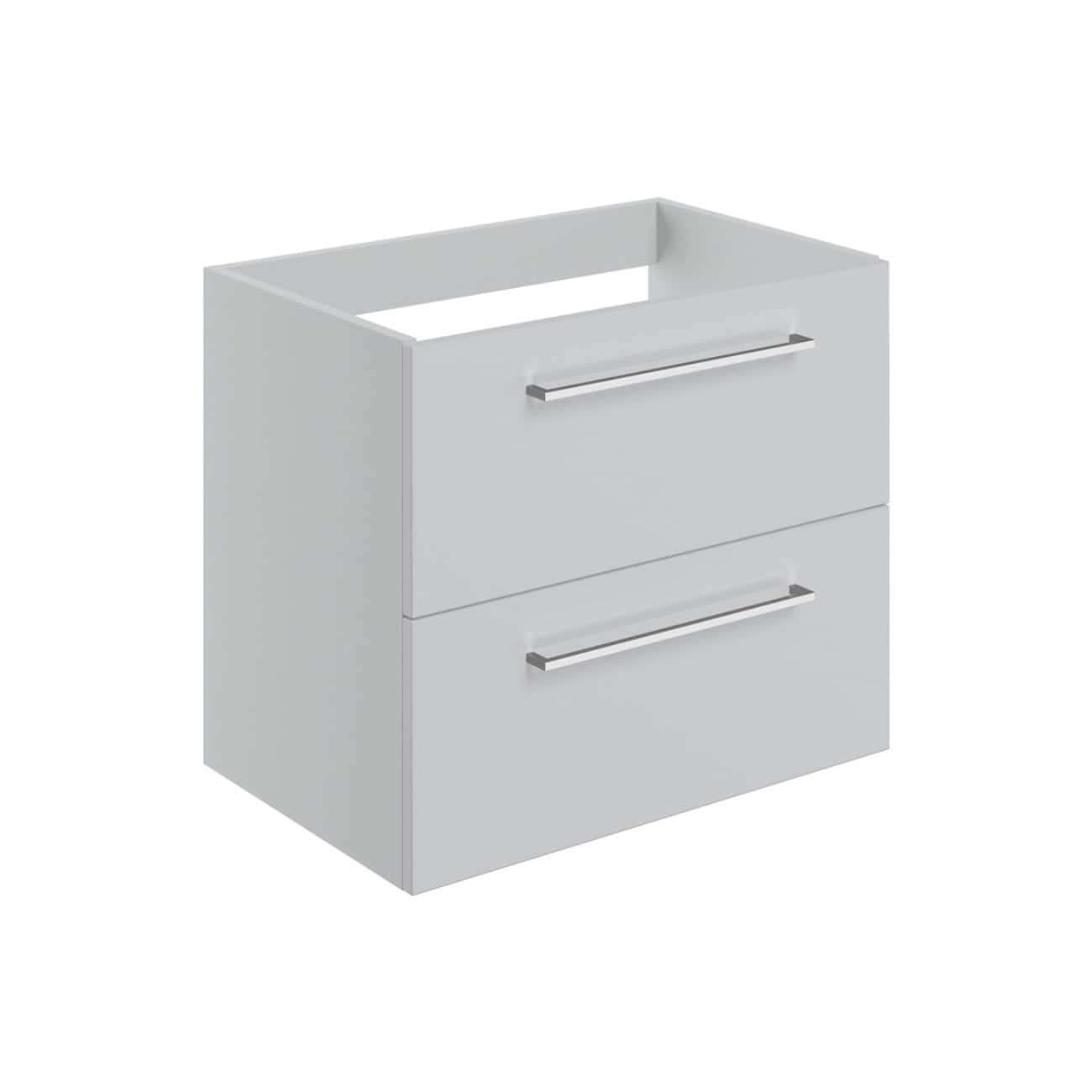 Modern white bathroom vanity unit with two sleek drawers and chrome handles, ideal for contemporary bathroom storage and organisation.