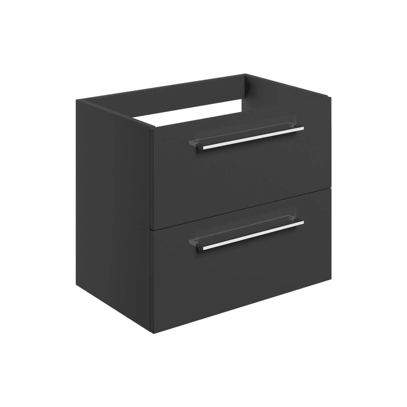 Modern black bathroom vanity unit with two drawers and sleek chrome handles, ideal for contemporary bathrooms.