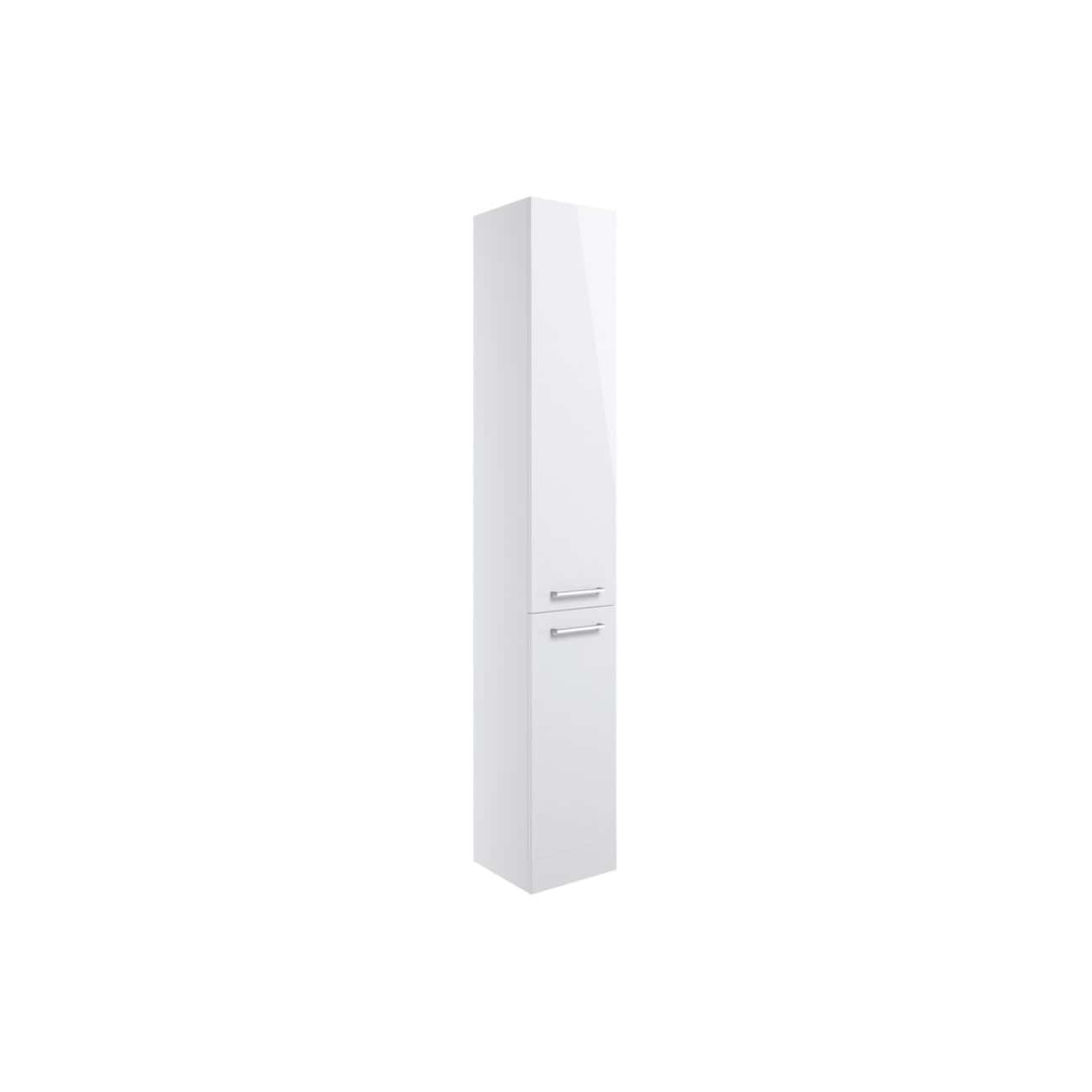 High gloss white bathroom storage cabinet with multiple compartments, ideal for organising toiletries and essentials. Sleek and modern design from Bubly Bathrooms, perfect for contemporary bathrooms.